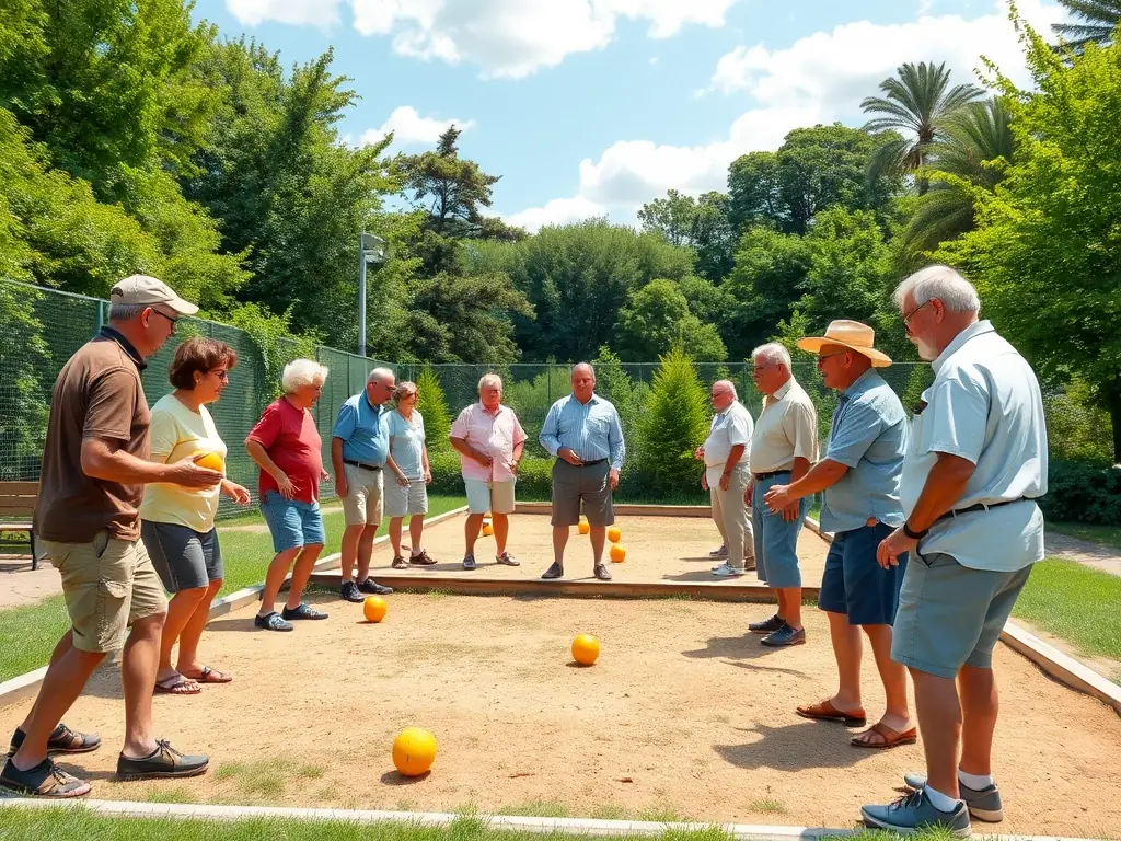 A group of players practicing pétanque on a sunny afternoon at the club's outdoor courts, showcasing the friendly and engaging atmosphere of the practice sessions.