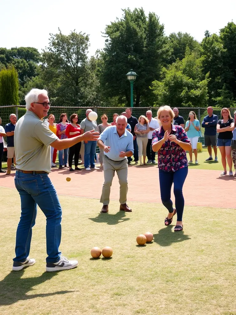 A photo of members participating in a friendly pétanque tournament, showcasing the competitive yet supportive environment of the club.