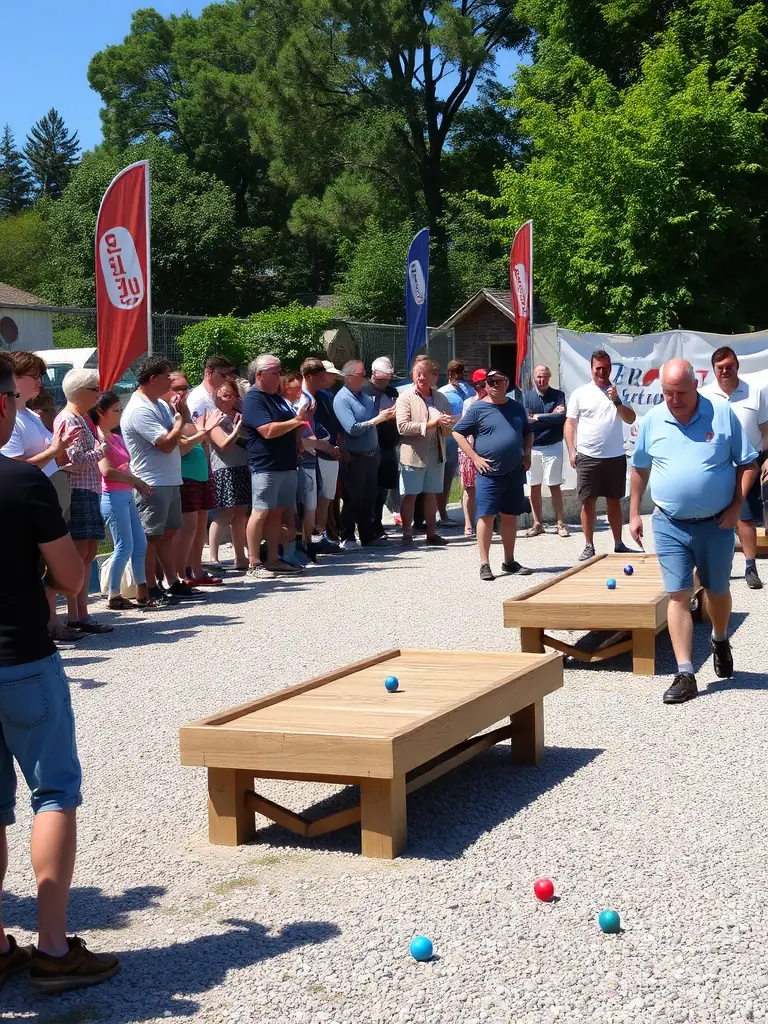 A group of pétanque players participating in a local tournament organized by La Boule Roquefortoise, showcasing the competitive spirit and community engagement.