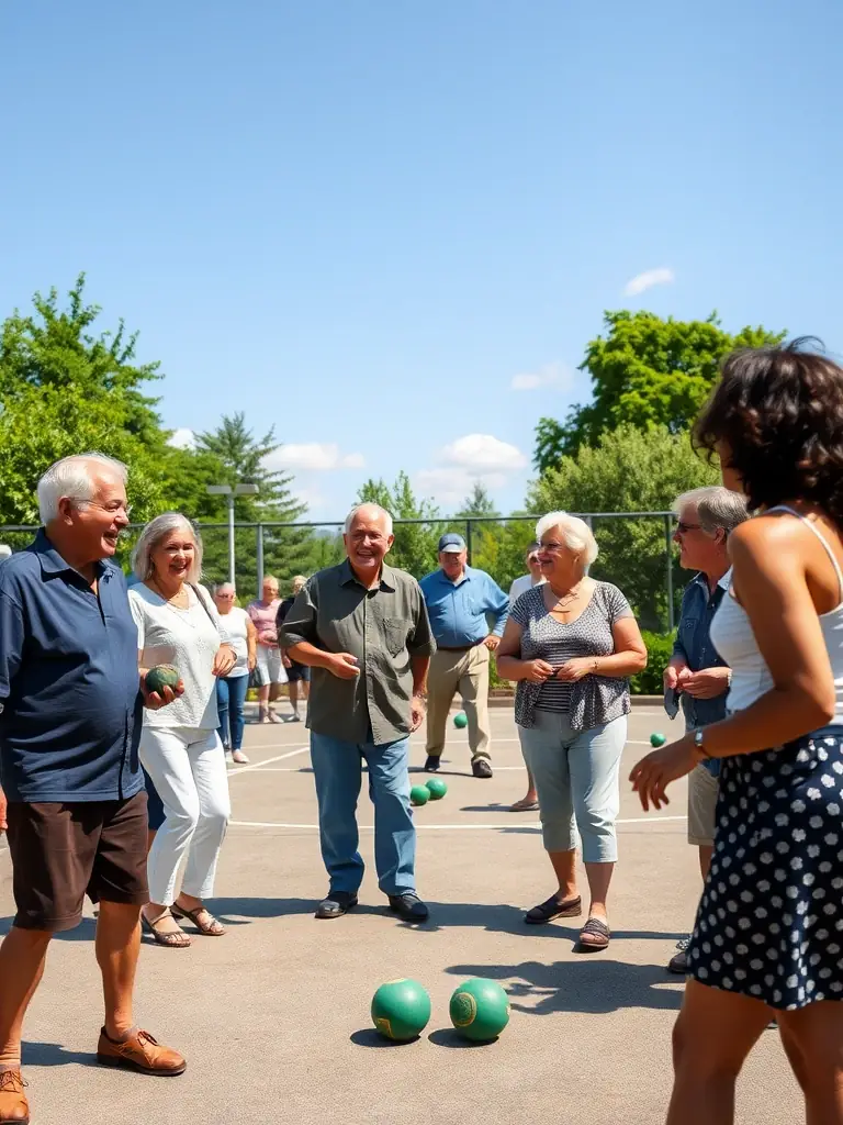 A diverse group of people, including seniors and youth, playing pétanque together at La Boule Roquefortoise, emphasizing the inclusive nature of the sport.
