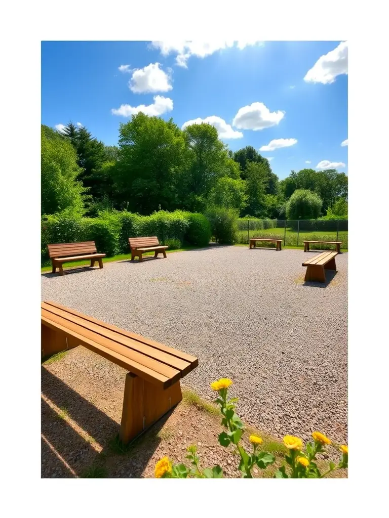 A scenic shot of the pétanque courts at La Boule Roquefortoise, highlighting the beautiful outdoor setting and recreational opportunities.