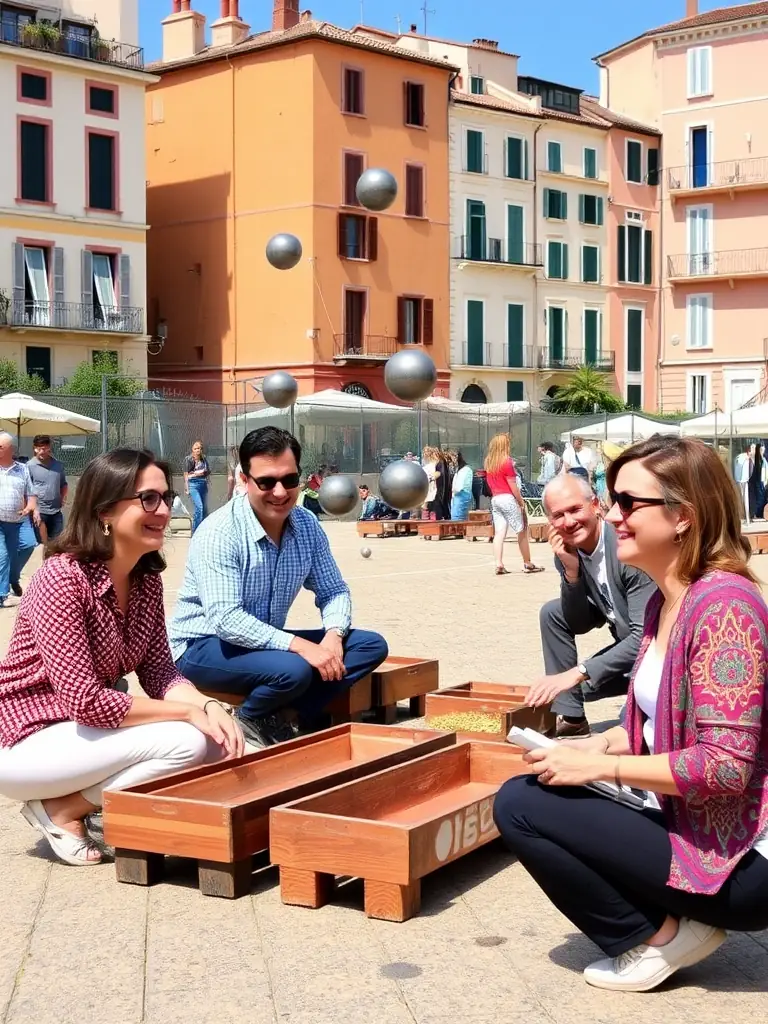 A vibrant photo capturing a group of La Boule Roquefortoise members laughing and socializing during a pétanque event, showcasing the club's friendly and welcoming atmosphere.