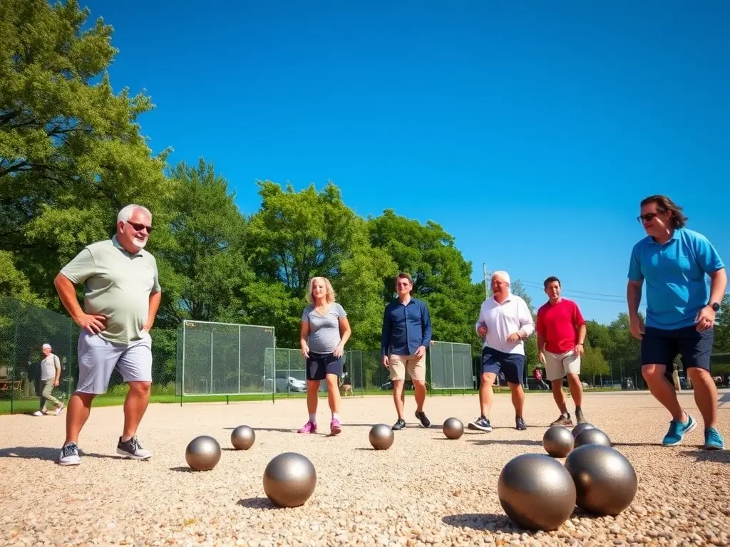A vibrant image of club members enjoying a casual pétanque game during a social gathering, emphasizing the recreational and social aspects of the club.