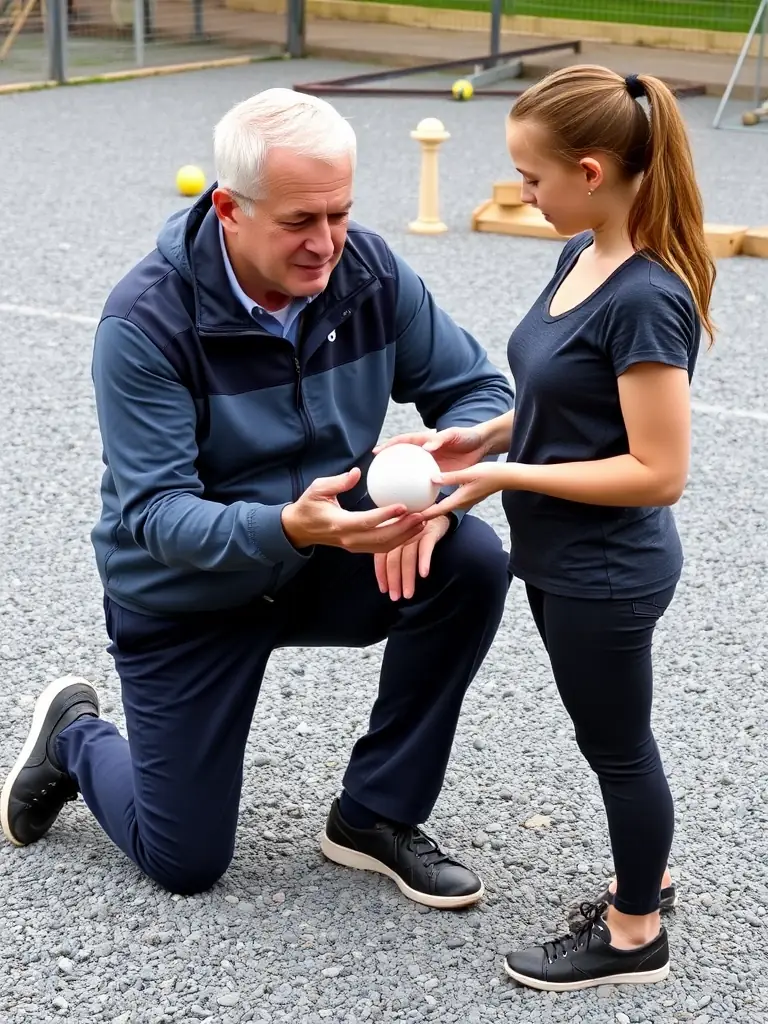 An image of a pétanque coach providing guidance to a player, demonstrating the club's commitment to skill development and improvement.
